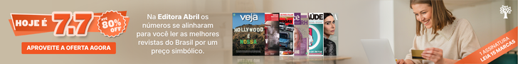 Anúncio da Editora Abril com HOJE É 7.7 e 80% OFF em destaque laranja. À direita, capas de revistas como Veja e Saúde, e uma mulher sorridente segurando um cartão de crédito, usando um notebook. Uma faixa diagonal laranja informa 1 ASSINATURA LEIA 15 MARCAS.