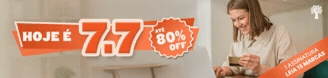 Mulher sorridente com camisa clara, segurando um cartão dourado e digitando em um notebook. À esquerda, texto em laranja HOJE É 7.7 e ATÉ 80% OFF. No canto inferior direito, faixa laranja com 1 ASSINATURA LEIA 15 MARCAS