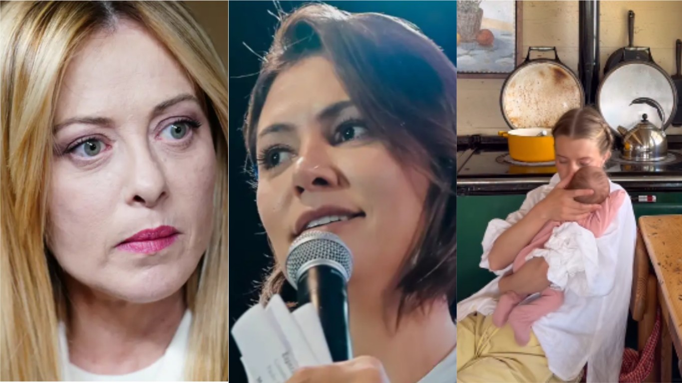 Três imagens lado a lado: à esquerda, Giorgia Meloni com expressão séria; ao centro, uma mulher de cabelo escuro sorrindo, segurando um microfone; à direita, uma mulher de camisa branca abraça um bebê em uma cozinha rústica
