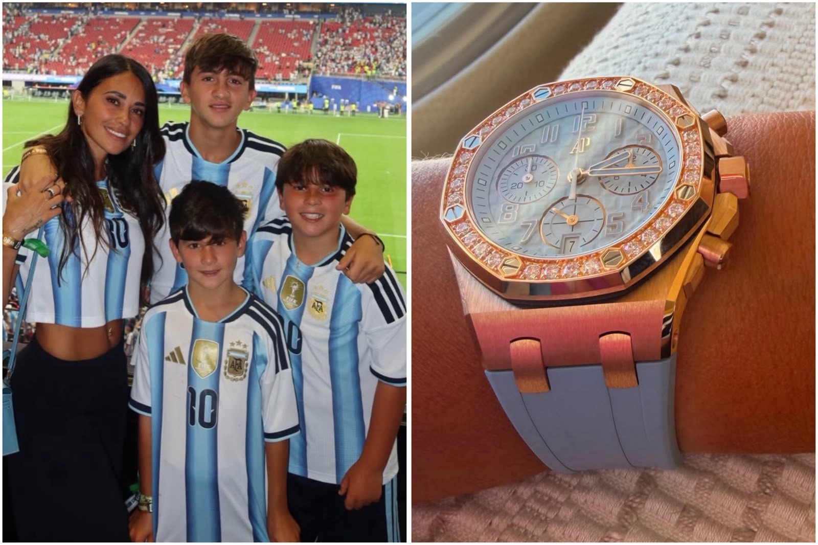 Antonela Roccuzzo e seus três filhos, todos sorrindo e vestindo camisas da Argentina, em um estádio de futebol. À direita, um relógio de pulso Audemars Piguet Royal Oak Offshore de ouro rosa com diamantes e pulseira azul clara.