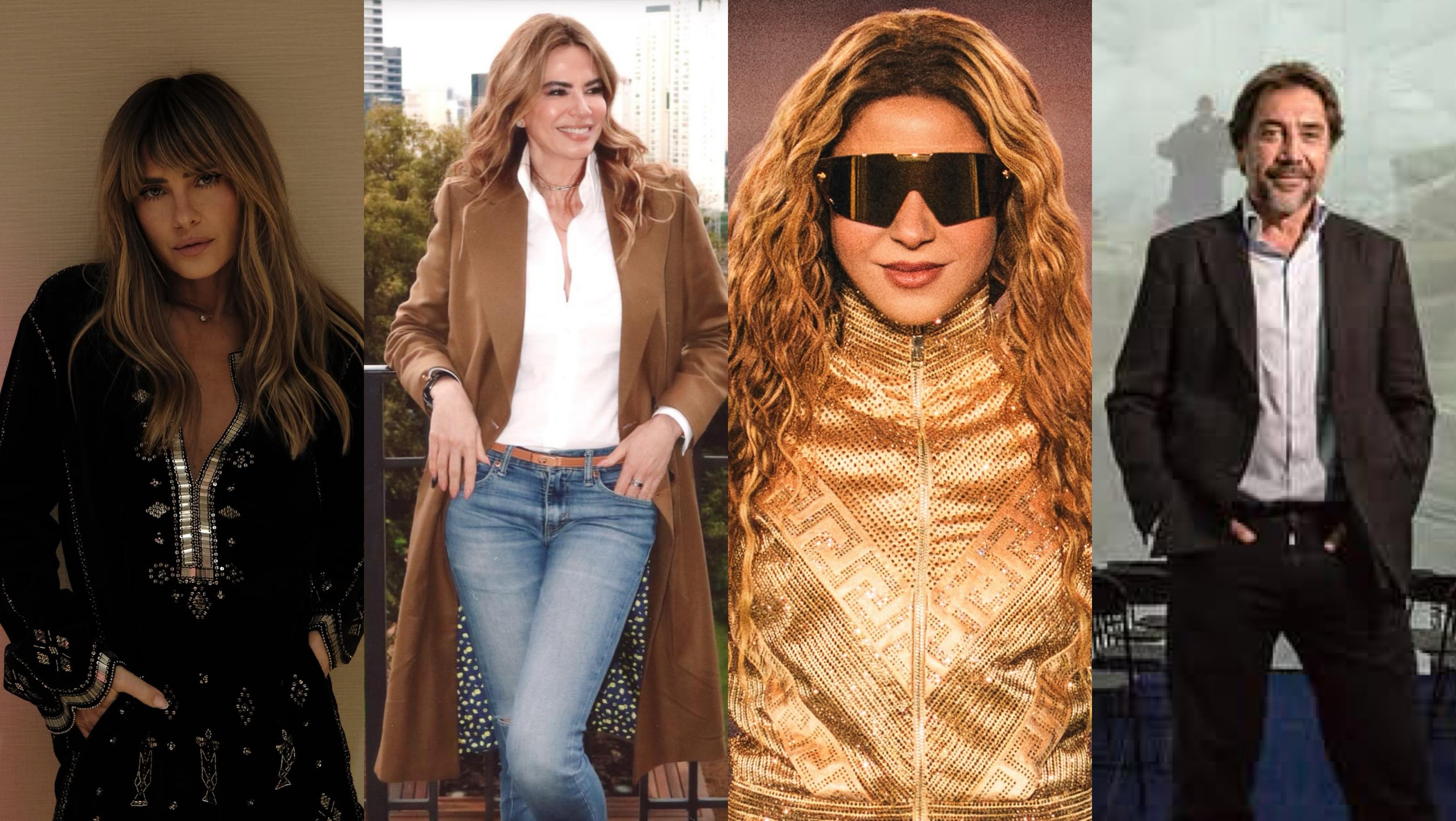 Quatro celebridades em poses diferentes: uma mulher de blusa preta bordada, outra de casaco marrom e jeans, uma mulher de óculos escuros e jaqueta dourada, e um homem de terno preto sorrindo