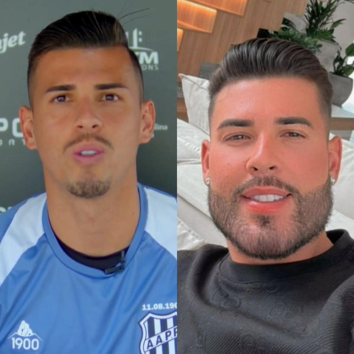 Montagem com dois retratos de um homem jovem, um ao lado do outro. &Agrave; esquerda, ele tem bigode e cavanhaque finos, usa camisa azul e branca de time de futebol. &Agrave; direita, ele tem barba cheia e sorriso, usa camiseta preta e brinco de argola prateado