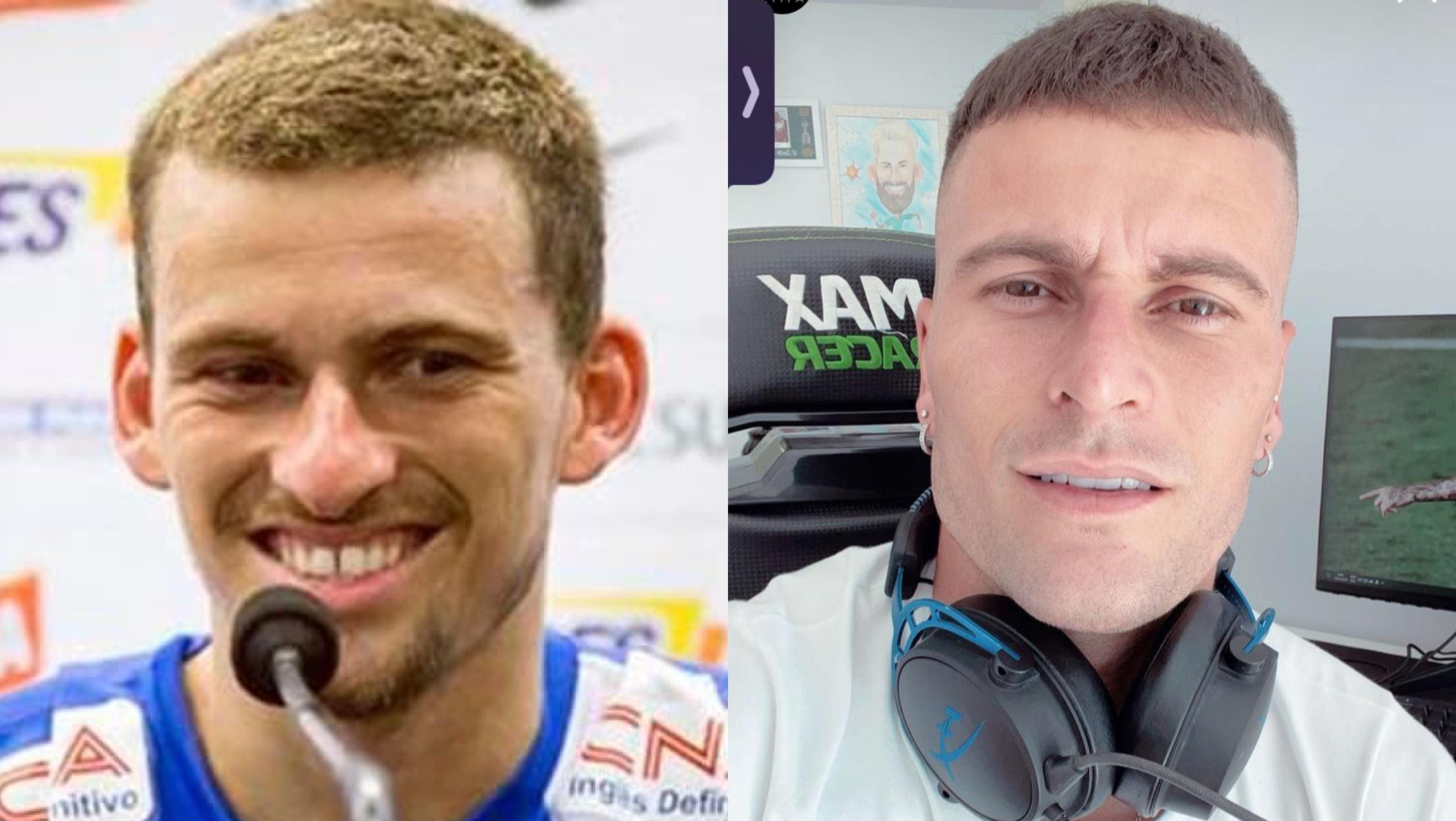 Montagem de duas fotos de um homem branco. &Agrave; esquerda, ele sorri, com cabelo curto e barba rala, usando camisa azul e branca, falando em um microfone. &Agrave; direita, ele est&aacute; s&eacute;rio, com cabelo raspado nas laterais e topete, brincos de argola, fones de ouvido no pesco&ccedil;o e uma cadeira gamer ao fundo