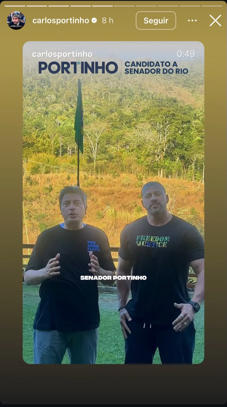 Dois homens em pé, um com camiseta Meu amigo Flávio e outro com Freedom Justice, em frente a uma paisagem montanhosa com vegetação densa. Acima, texto Portinho candidato a Senador do Rio e Senador Portinho abaixo