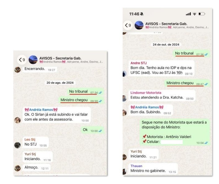 Duas telas de celular exibindo conversas de WhatsApp em um grupo chamado AVISOS - Secretaria Gab.. A tela da esquerda mostra mensagens de 20 de agosto de 2024, com horários como No tribunal 07:34 e Ministro chegou 09:59. A tela da direita, de 24 de outubro de 2024, inclui mensagens como Bom dia. Tenho aula no IDP e dps na UFSC (ead). Vou ao STJ às 16h e Segue nome do Motorista que estará à disposição do Ministro: Motorista: Antônio Valderi