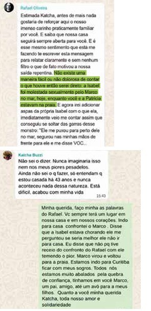 Captura de tela de três mensagens de texto em um aplicativo de mensagens. A primeira, de Rafael Oliveira, relata que Isabel foi molestada sexualmente por Marco no mar. A segunda, de Katcha Buzzi, expressa choque e tristeza. A terceira, de um remetente não identificado, oferece apoio a Katcha e descreve a reação da família ao ocorrido