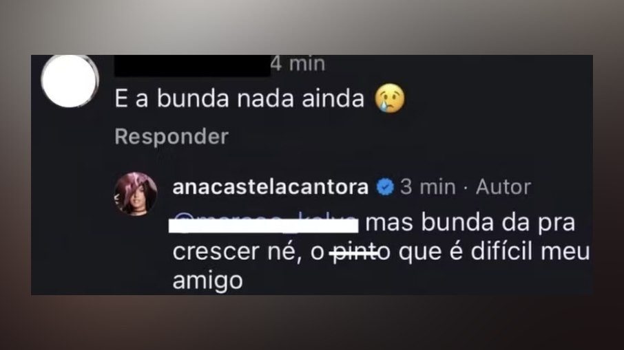 Captura de tela de um coment&aacute;rio em rede social: E a bunda nada ainda 😥 e a resposta de anacastelacantora: mas bunda da pra crescer n&eacute;, o pinto que &eacute; dif&iacute;cil meu amigo