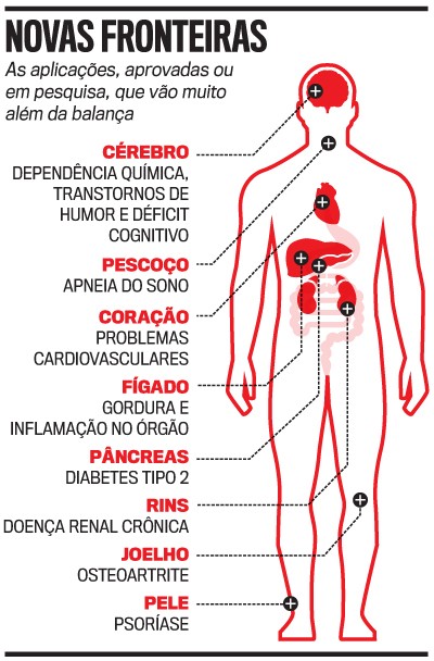 Infográfico Novas Fronteiras com silhueta humana em vermelho e órgãos internos destacados, indicando aplicações de saúde para cérebro (dependência química, transtornos de humor, déficit cognitivo), pescoço (apneia do sono), coração (problemas cardiovasculares), fígado (gordura, inflamação), pâncreas (diabetes tipo 2), rins (doença renal crônica), joelho (osteoartrite) e pele (psoríase)