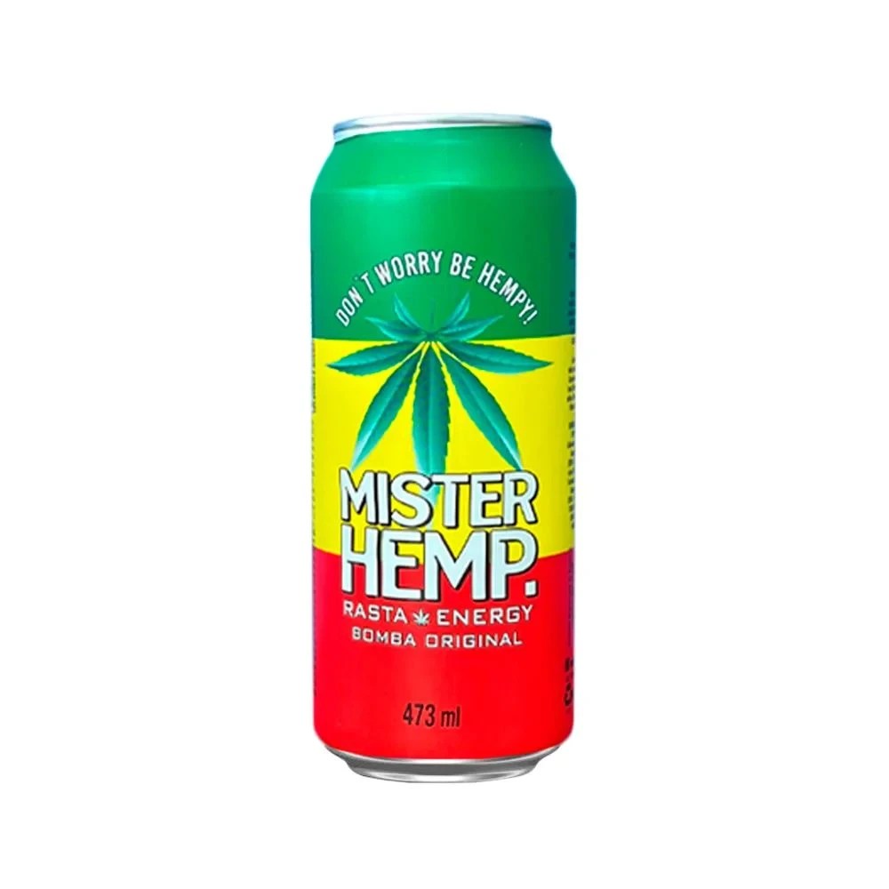 Lata de bebida energética Mister Hemp, com rótulo nas cores verde, amarelo e vermelho, simulando a bandeira rastafári. No centro, uma folha de cannabis estilizada em verde escuro. Acima, a frase DONT WORRY BE HEMPY!. Abaixo, RASTA ENERGY BOMBA ORIGINAL e 473 ml