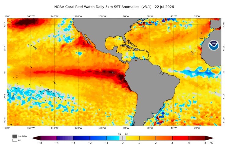 Mapa de anomalias da temperatura da superfície do mar no Oceano Pacífico e Atlântico, mostrando áreas em vermelho e laranja com temperaturas mais altas, e em azul com temperaturas mais baixas, em 22 de julho de 2026