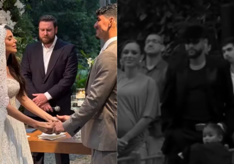 Montagem de duas cenas: à esquerda, uma noiva de vestido branco e véu, de mãos dadas com um noivo de terno cinza, enquanto um homem de terno escuro e barba ruiva os observa. À direita, em preto e branco, o jogador Neymar de boné e óculos escuros, com uma criança pequena à frente, e outras pessoas desfocadas ao fundo