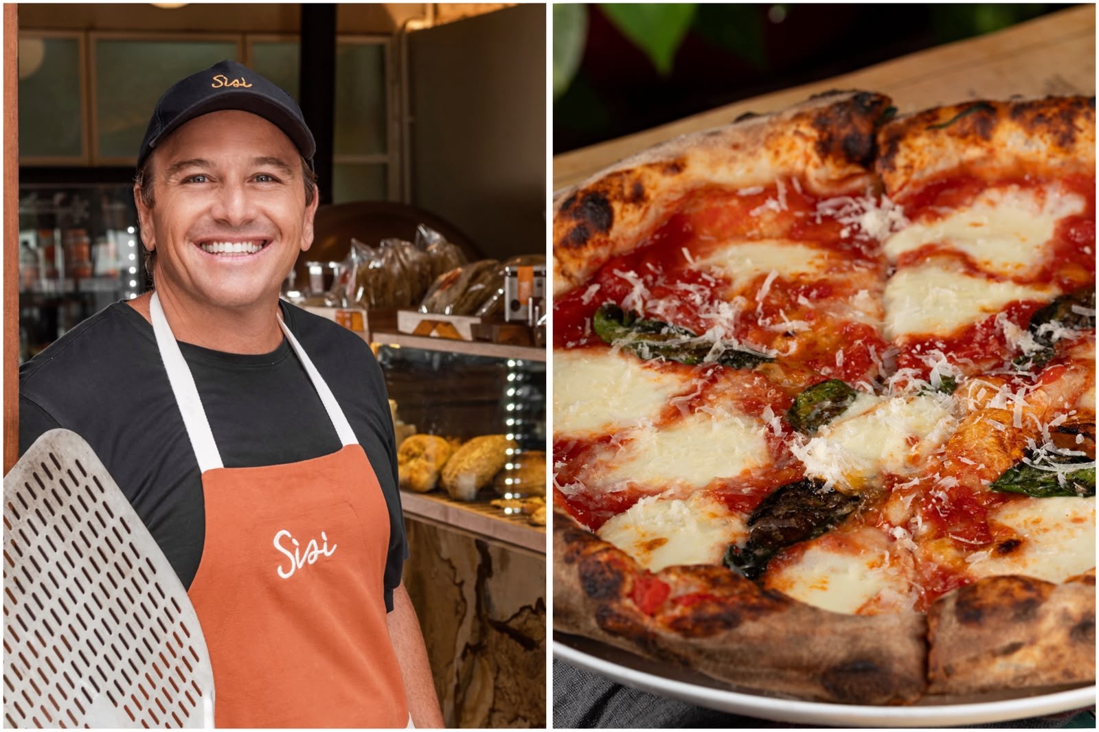 Homem sorridente com boné e avental Sisi segurando uma pá de pizza, ao lado de uma pizza Margherita com manjericão e queijo ralado