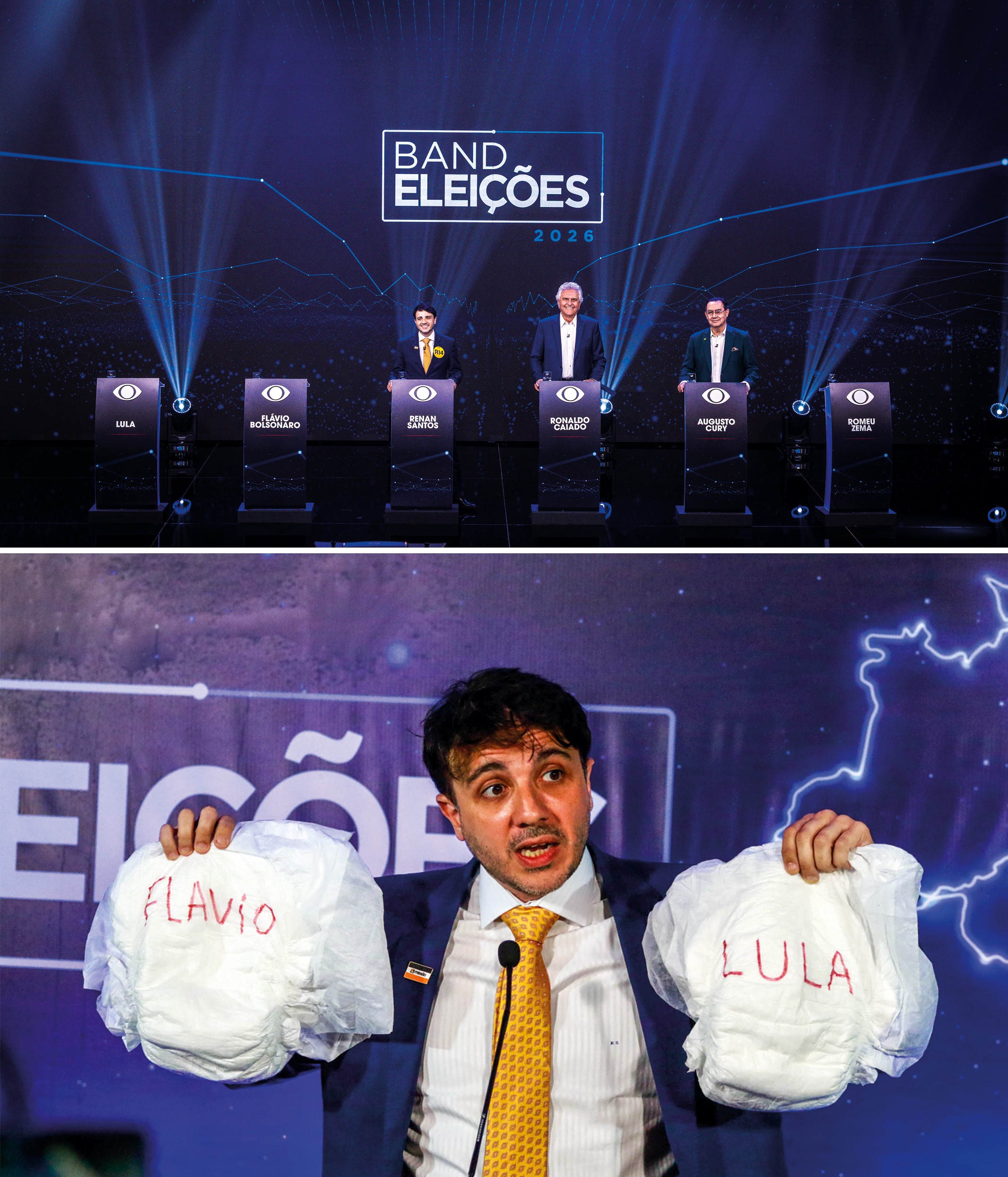 ESVAZIADO&ensp;- Debate presidencial na Band: s&oacute; Caiado, Cury e Renan Santos (&agrave; esq.) foram ao evento e dispararam cr&iacute;ticas duras a Lula e Fl&aacute;vio