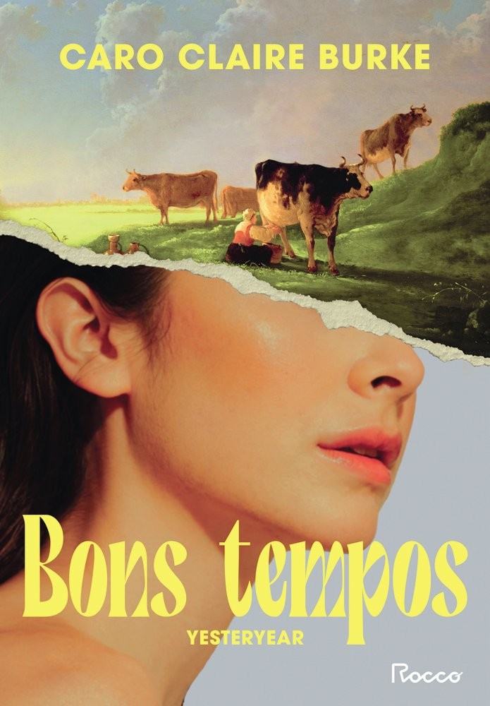 Capa do livro Bons tempos de Caro Claire Burke. A parte superior rasgada revela uma pintura de uma mulher ordenhando uma vaca em um campo verde com outras vacas e c&eacute;u azul. A parte inferior mostra o rosto de uma mulher com maquiagem suave, cabelo escuro e l&aacute;bios entreabertos, em um fundo cinza