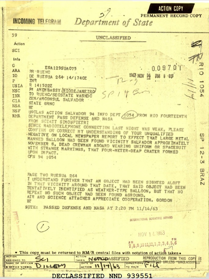 Documento desclassificado do Departamento de Estado dos EUA, um telegrama de 1963 com texto em inglês sobre um balão tripulado e um objeto avistado, com anotações manuscritas e carimbos de ACTION COPY e PERMANENT RECORD COPY