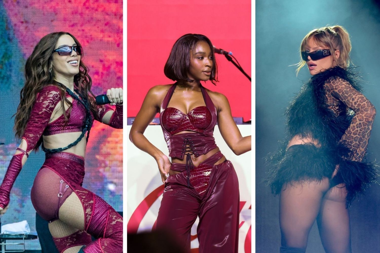 Três cantoras em palcos diferentes. À esquerda, Anitta sorri, de óculos escuros e roupa bordô rendada. No centro, Normani, com cabelo curto, veste top e calça de couro bordô. À direita, uma mulher loira de óculos escuros, blusa de oncinha e penas pretas, de costas, olhando para trás