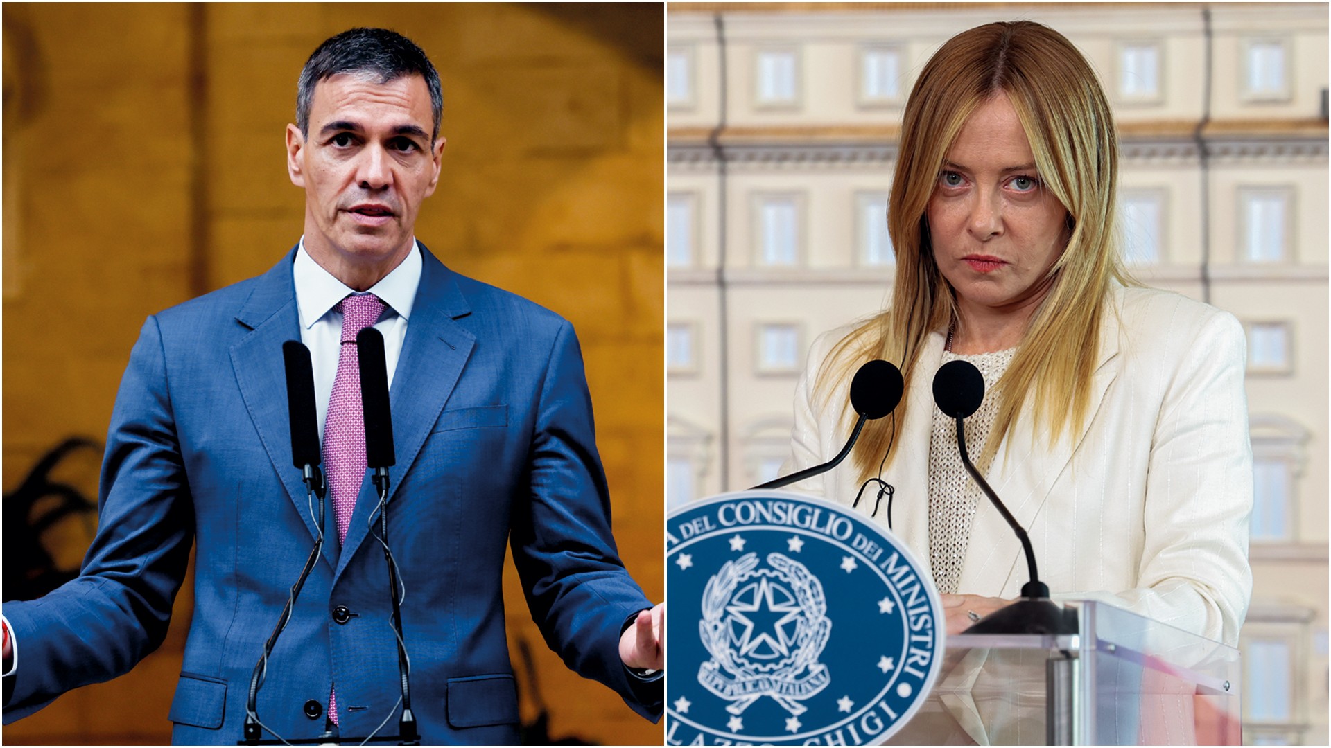 OPOSTOS - Sánchez (à esq.) e Meloni: ela atacou o colega e fechou a fronteira
