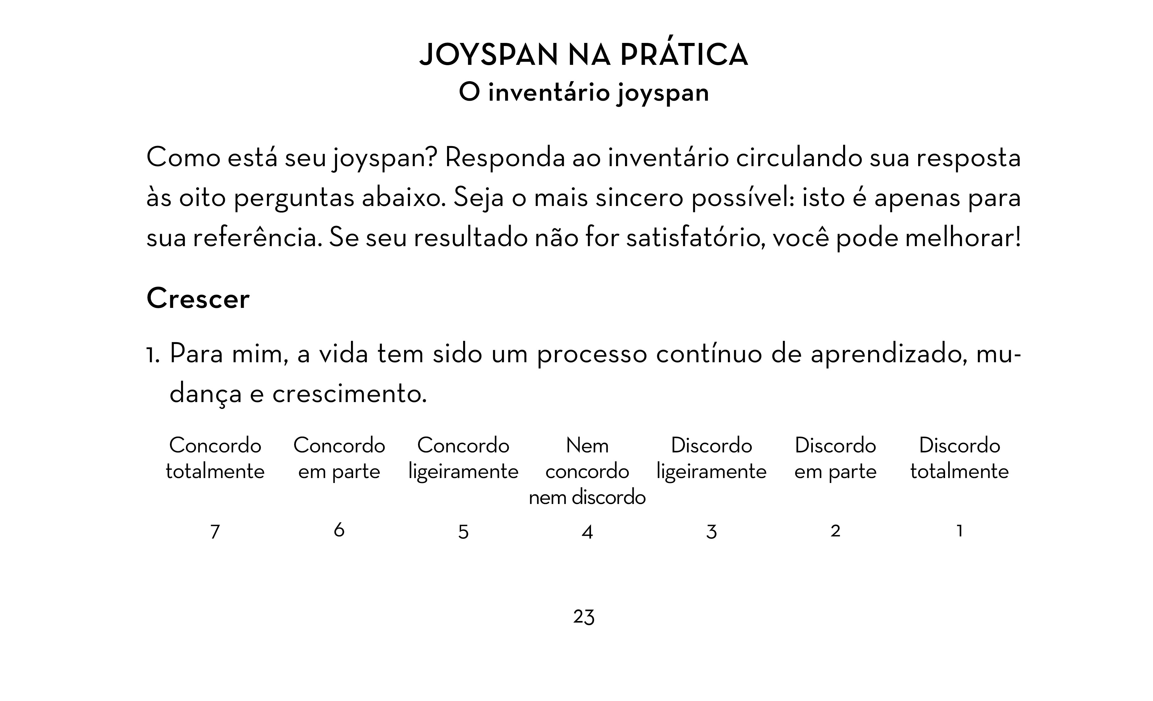 Página de um inventário joyspan com o título JOYSPAN NA PRÁTICA e O inventário joyspan. O texto instrui a circular a resposta para oito perguntas, sendo a primeira Para mim, a vida tem sido um processo contínuo de aprendizado, mudança e crescimento. As opções de resposta variam de Concordo totalmente (7) a Discordo totalmente (1), com opções intermediárias como Concordo em parte (6), Concordo ligeiramente (5), Nem concordo nem discordo (4), Discordo ligeiramente (3) e Discordo em parte (2). O número 23 aparece na parte inferior da página