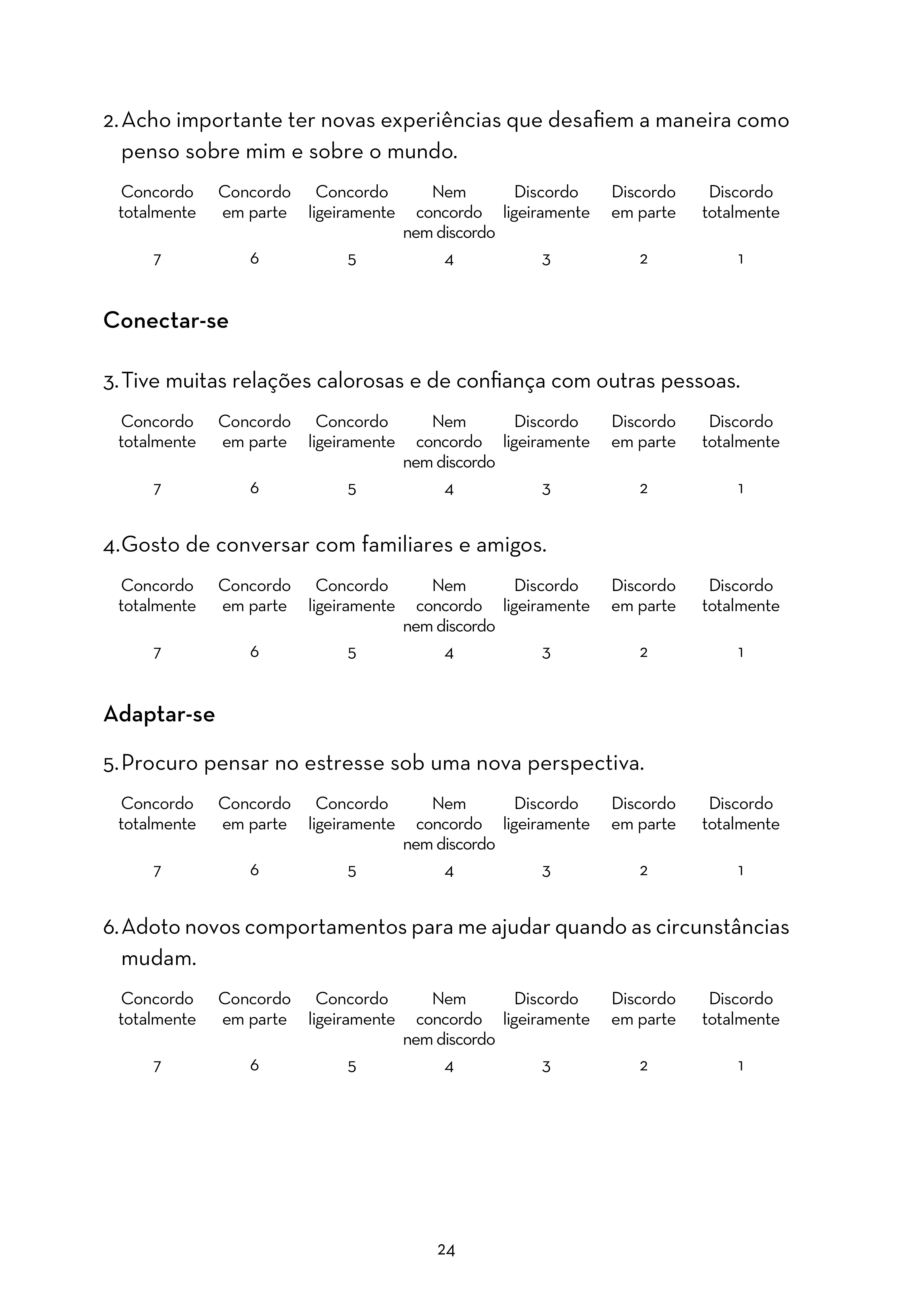 Página de questionário com seis perguntas sobre experiências, relações e adaptação, cada uma com opções de resposta de Concordo totalmente a Discordo totalmente, numeradas de 7 a 1. O número 24 aparece no rodapé