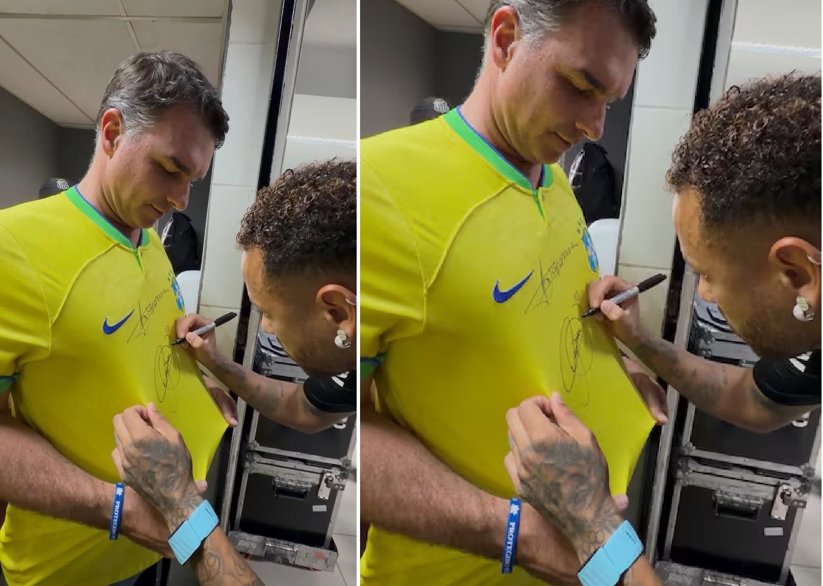 Flávio Bolsonaro pede autógrafo a Neymar antes de derrota do Vasco para o Santos