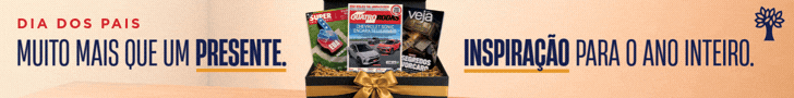 PAYWALL DESK (728 x 90 px) Caixa de presente preta com laço dourado, contendo três revistas: Superinteressante, Quatro Rodas e Veja. Texto: Dia dos Pais. Muito mais que um presente. Inspiração para o ano inteiro