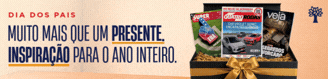 PAYWALL MOBILE (328 x 79 px) Caixa de presente preta com laço dourado, contendo revistas Superinteressante, Quatro Rodas e Veja. Texto: Dia dos Pais. Muito mais que um presente. Inspiração para o ano inteiro