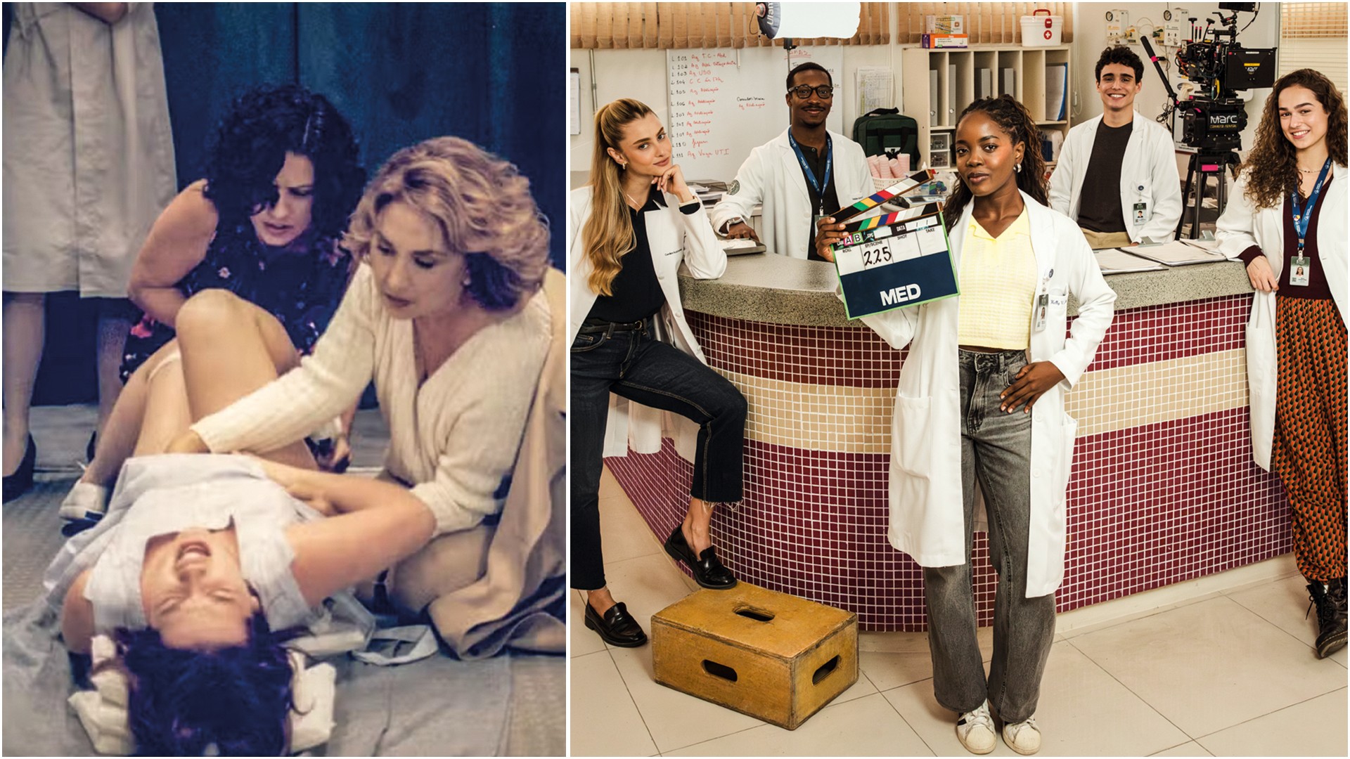 DOUTORAS -&ensp;Cena de Mulher, s&eacute;rie da Globo (&agrave; esq.), e Med, aposta da Netflix ainda in&eacute;dita: protagonistas de jaleco