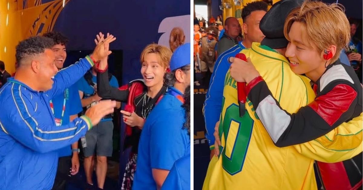Duas fotos lado a lado mostram o ex-jogador Ronaldo Fenômeno interagindo com o cantor V. Na primeira, Ronaldo, de camisa azul, sorri enquanto V, de jaqueta preta e vermelha, sorri e levanta a mão. Na segunda, V abraça Ronaldo, que veste a camisa amarela da seleção brasileira com o número 9