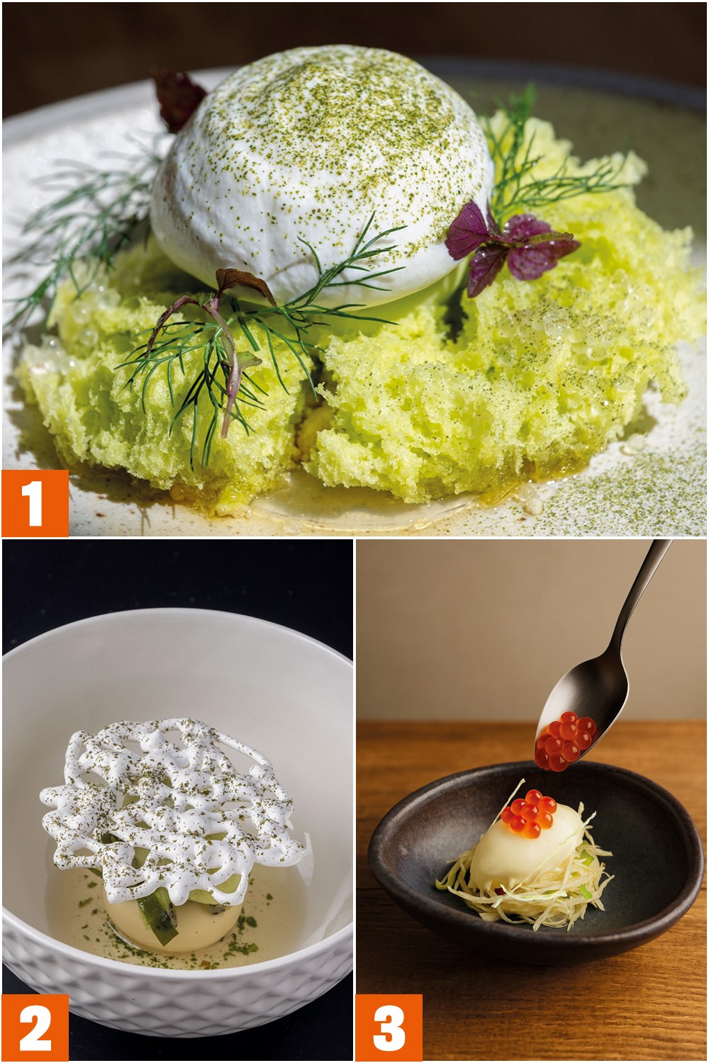 MUITO AL&Eacute;M DO A&Ccedil;&Uacute;CAR - A variedade de combina&ccedil;&otilde;es dos sabores doces com toques litor&acirc;neos: prato com caramelo de molho de peixe de Susan Bae (1), o kiwi com algas do ARA (2) e mistura de cambuci e ovas de salm&atilde;o do Aizom&ecirc; (3)