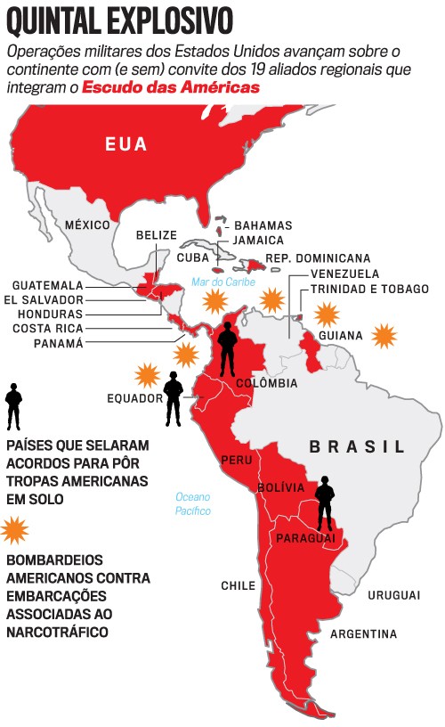 Mapa das Am&eacute;ricas com EUA e pa&iacute;ses da Am&eacute;rica Latina em vermelho, indicando opera&ccedil;&otilde;es militares e bombardeios americanos contra o narcotr&aacute;fico. Silhuetas de soldados marcam pa&iacute;ses com acordos para tropas americanas em solo