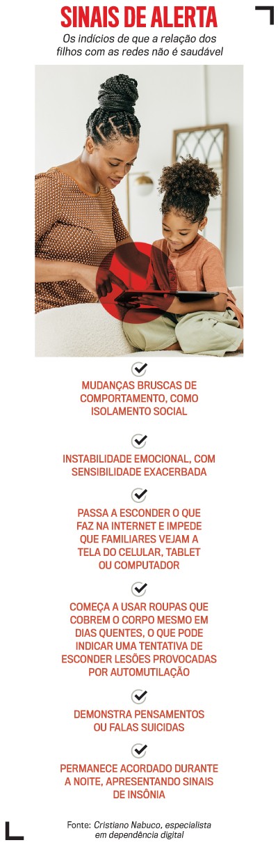 Mulher com cabelo trançado em coque alto e blusa marrom, sorrindo, aponta para um tablet que uma criança de cabelo crespo e blusa laranja segura, ambos sentados em um sofá claro. A imagem ilustra sinais de alerta sobre a relação de crianças com redes sociais, listando mudanças de comportamento, instabilidade emocional, esconder atividades online, usar roupas que cobrem o corpo para esconder lesões, pensamentos suicidas e insônia