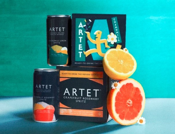 Duas latas de Artet, uma de camomila e limão, outra de toranja e alecrim, com caixas correspondentes. Metades de toranja e laranja decoradas com pequenas margaridas estão à direita, sobre um fundo azul-petróleo
