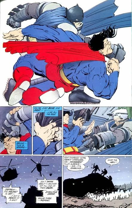 Batman, em sua armadura cinza e azul, soca o rosto do Superman, que veste seu uniforme azul e vermelho. Abaixo, em três quadros, Superman segura o capacete de Batman, revelando seu rosto. Em outros quadros, helicópteros voam sobre uma cidade escura e soldados observam uma estrutura que treme