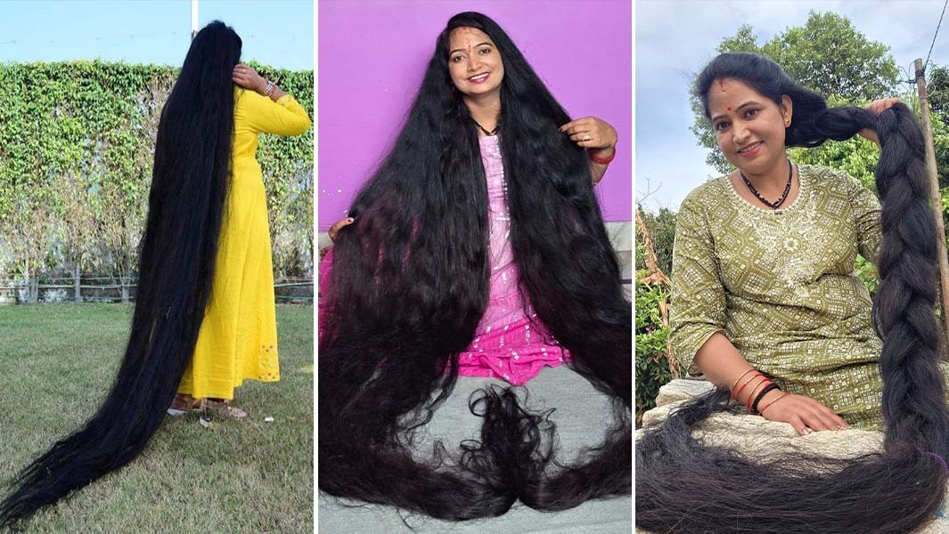Três fotos de uma mulher indiana com cabelos pretos extremamente longos. Na primeira, ela está de costas, com os cabelos soltos quase tocando o chão. Na segunda, sentada, sorrindo, com os cabelos espalhados à sua volta. Na terceira, ela segura uma trança grossa que chega aos seus pés
