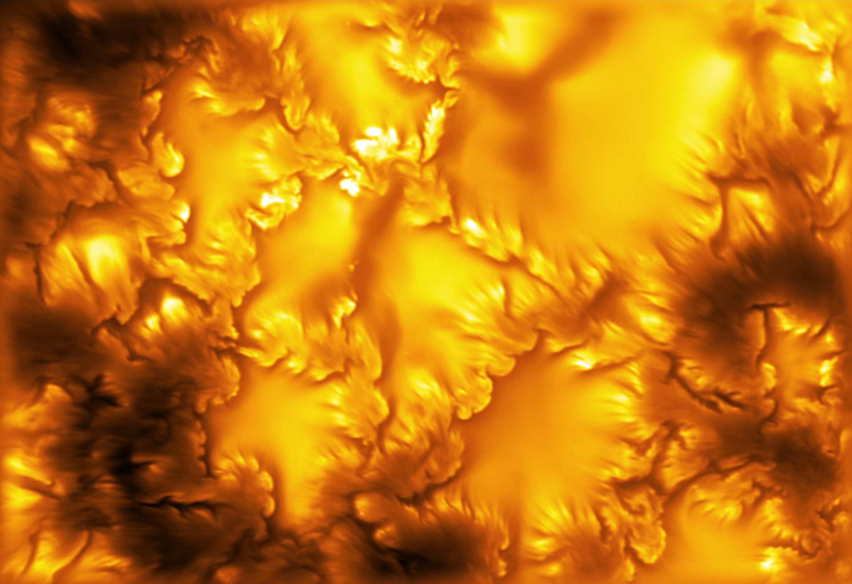 Textura abstrata em tons de laranja e amarelo, com áreas mais claras e escuras que se assemelham a chamas ou plasma em movimento, criando um efeito de calor intenso e turbulência