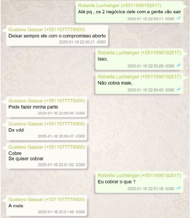 Captura de tela de um aplicativo de mensagens, mostrando uma conversa entre Roberta Luchsinger e Gustavo Gaspar. As mensagens de Roberta estão em balões verdes à direita, e as de Gustavo em balões brancos à esquerda. A conversa aborda negócios e compromisso aberto, com Gustavo sugerindo cobrar a mais e Roberta questionando Eu cobrar o que?. As mensagens têm data de 16 de janeiro de 2025, por volta das 22h50