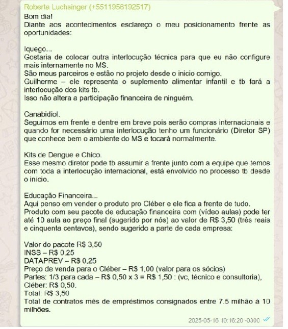 Mensagem de texto de Roberta Luchsinger com propostas de negócios, incluindo interlocução técnica, compras de canabidiol, kits de dengue e chico, e um pacote de educação financeira com valores detalhados
