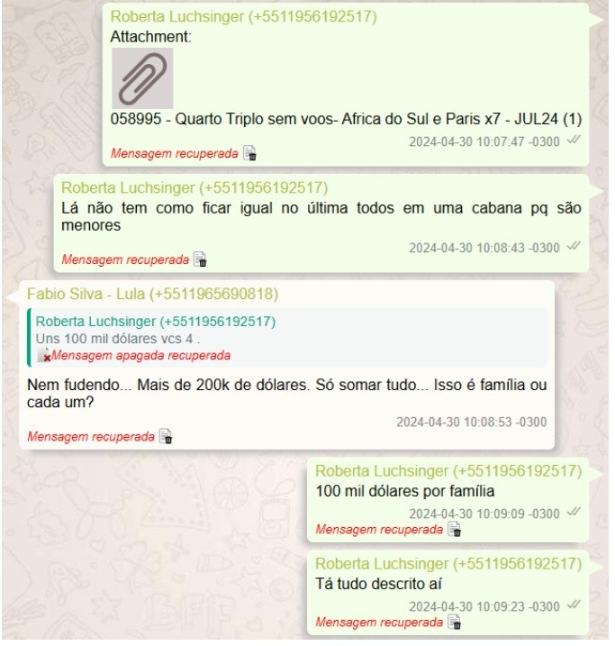Captura de tela de um aplicativo de mensagens, mostrando uma conversa entre Roberta Luchsinger e Fabio Silva - Lula sobre custos de viagem. As mensagens incluem um anexo sobre África do Sul e Paris, valores de 100 mil e 200 mil dólares, e a pergunta Isso é família ou cada um?
