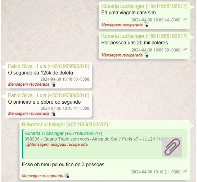 Captura de tela de um aplicativo de mensagens com conversas entre Roberta Luchsinger e Fabio Silva - Lula sobre valores de viagens e pagamentos. As mensagens incluem Eh uma viagem cara sim, Por pessoa uns 20 mil dólares, O segundo da 125k de doleta, O primeiro é o dobro do segundo, e 058995 - Quarto Triplo sem voos- Africa do Sul e Paris x7 - JUL24 (1). Há também uma mensagem de Roberta Luchsinger dizendo Esse eh meu pq eu fico do 3 pessoas. Todas as mensagens estão marcadas como Mensagem recuperada e datadas de 30 de abril de 2024