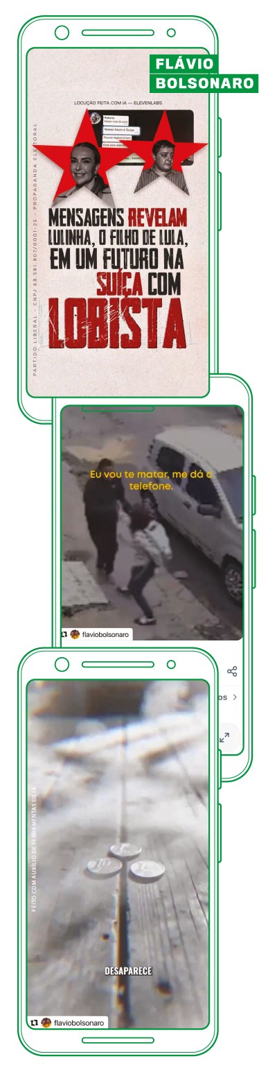 Tr&ecirc;s telas de celular sobrepostas, exibindo posts do perfil flaviobolsonaro. O primeiro post tem um t&iacute;tulo vermelho MENSAGENS REVELAM LULINHA, O FILHO DE LULA, EM UM FUTURO NA SU&Iacute;&Ccedil;A COM LOBISTA sobre fotos de um homem e uma mulher. O segundo post mostra um v&iacute;deo com a legenda Eu vou te matar, me d&aacute; o telefone. O terceiro post exibe moedas de 50 centavos e a palavra DESAPARECE