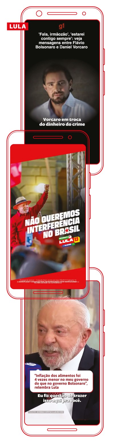 Tr&ecirc;s telas de celular exibem not&iacute;cias. A primeira mostra Daniel Vorcaro, homem barbudo de camisa azul, com t&iacute;tulo Vorcaro em troca do dinheiro do crime. A segunda exibe Lula, de chap&eacute;u e camisa vermelha, com o punho erguido, e a frase N&atilde;o queremos interfer&ecirc;ncia no Brasil. A terceira tela mostra Lula em close, falando, com a manchete Infla&ccedil;&atilde;o dos alimentos foi 4 vezes menor no meu governo do que no governo Bolsonaro, e a frase Eu fiz quest&atilde;o de trazer isso aqui pra voc&ecirc;