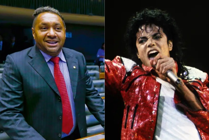 Montagem de duas fotos: à esquerda, um homem negro sorrindo, de terno escuro e gravata vermelha, em ambiente parlamentar; à direita, Michael Jackson cantando com microfone, vestindo jaqueta vermelha brilhante e camisa branca, em palco escuro