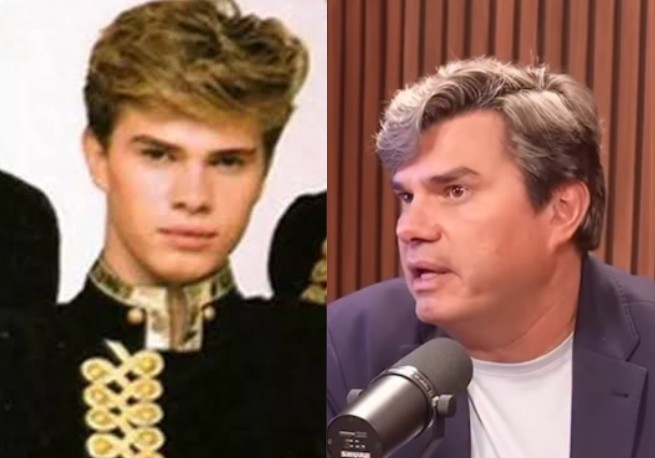 Montagem de duas fotos: à esquerda, um jovem de cabelo loiro e curto, vestindo uma jaqueta preta com detalhes dourados no colarinho e peito; à direita, o mesmo homem mais velho, com cabelo grisalho, usando blazer azul e camiseta branca, falando em um microfone