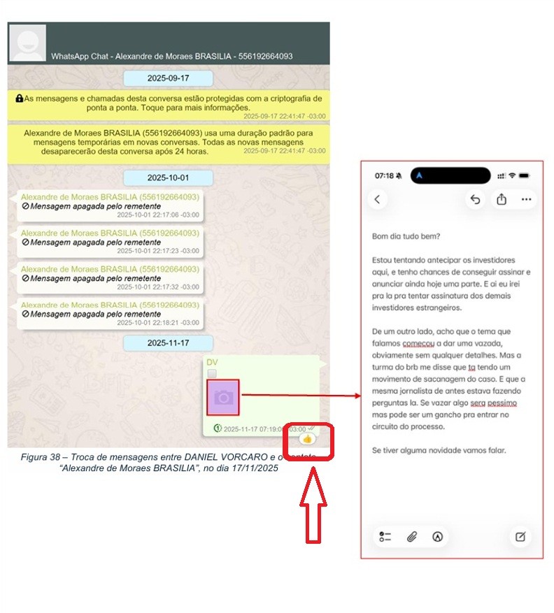 Captura de tela de um chat do WhatsApp entre Alexandre de Moraes BRASILIA e DANIEL VORCARO, com mensagens apagadas e uma seta vermelha apontando para um ícone de áudio. À direita, uma mensagem de texto detalha a tentativa de antecipar investidores e preocupações com vazamentos de informações, mencionando uma jornalista fazendo perguntas