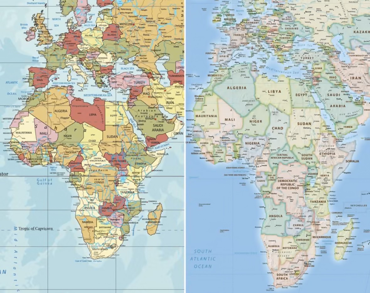 Dois mapas da África lado a lado, o da esquerda com países coloridos e o da direita com tons de verde e bege, ambos exibindo nomes de países e capitais