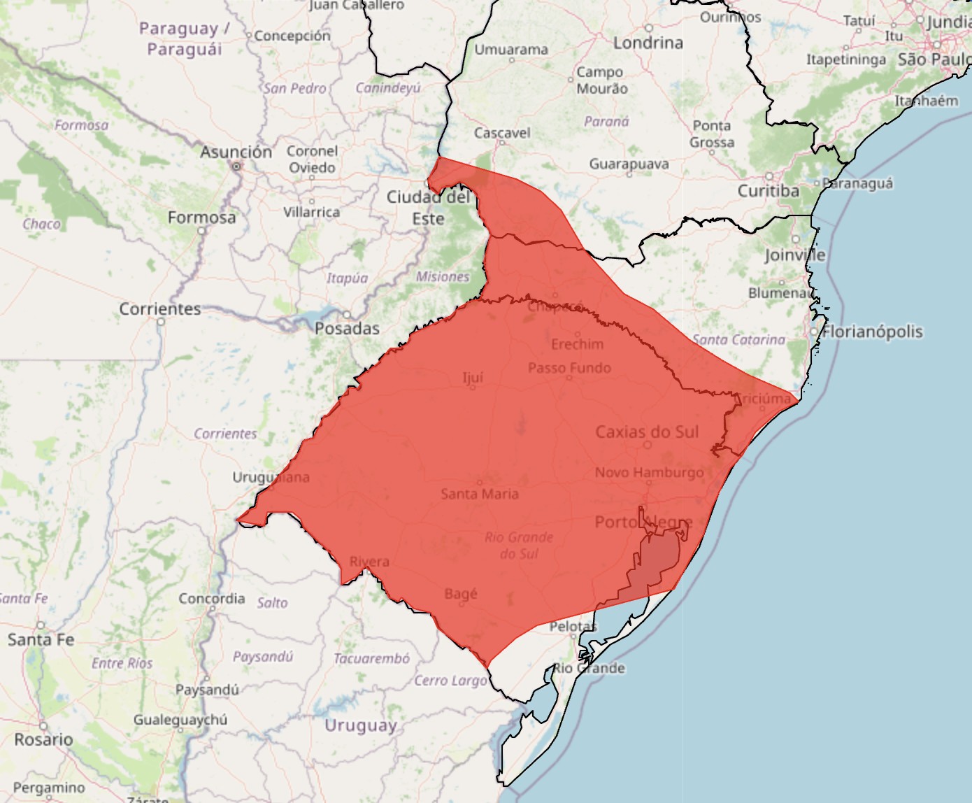 Mapa da região sul do Brasil e países vizinhos, com uma área em vermelho destacando o Rio Grande do Sul, parte de Santa Catarina e Paraná, além de porções do Paraguai, Argentina e Uruguai