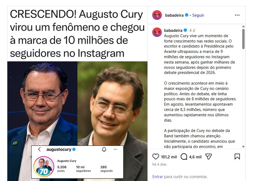 Perfil investigado no escândalo do Banco Master e que também contribuiu para a escalada digital de Augusto Cury