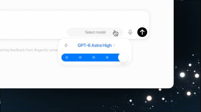 Interface de usu&aacute;rio de um chatbot com um campo de texto Select model e um menu suspenso mostrando GPT-6 Astra High com um controle deslizante azul abaixo