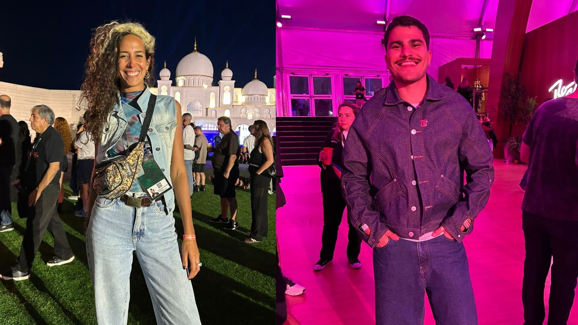 Duas fotos lado a lado. À esquerda, uma mulher sorridente com cabelo cacheado e loiro, vestindo colete jeans e calça jeans clara, com uma pochete estampada, em pé na grama à noite, com um edifício branco de cúpulas ao fundo. À direita, um homem sorridente com bigode, vestindo jaqueta e calça jeans escuras, em um ambiente interno iluminado por luzes magenta