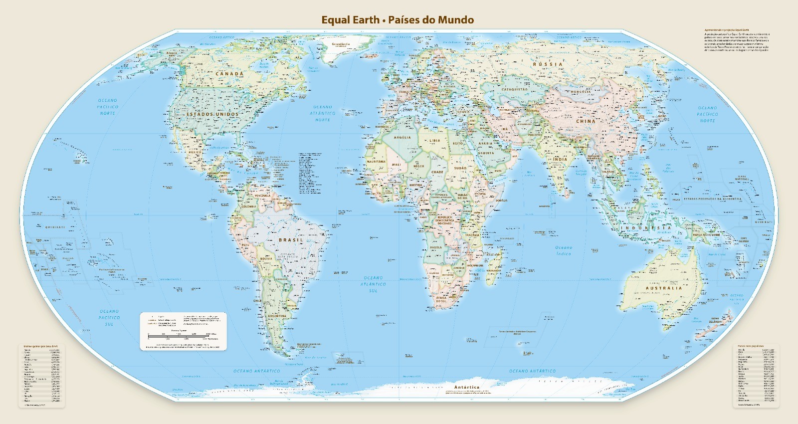 Mapa-m&uacute;ndi pol&iacute;tico com pa&iacute;ses coloridos e oceanos azuis, mostrando continentes como Am&eacute;rica, Europa, &Aacute;frica, &Aacute;sia e Oceania. O t&iacute;tulo Equal Earth - Pa&iacute;ses do Mundo aparece no topo. H&aacute; legendas e informa&ccedil;&otilde;es adicionais nas laterais